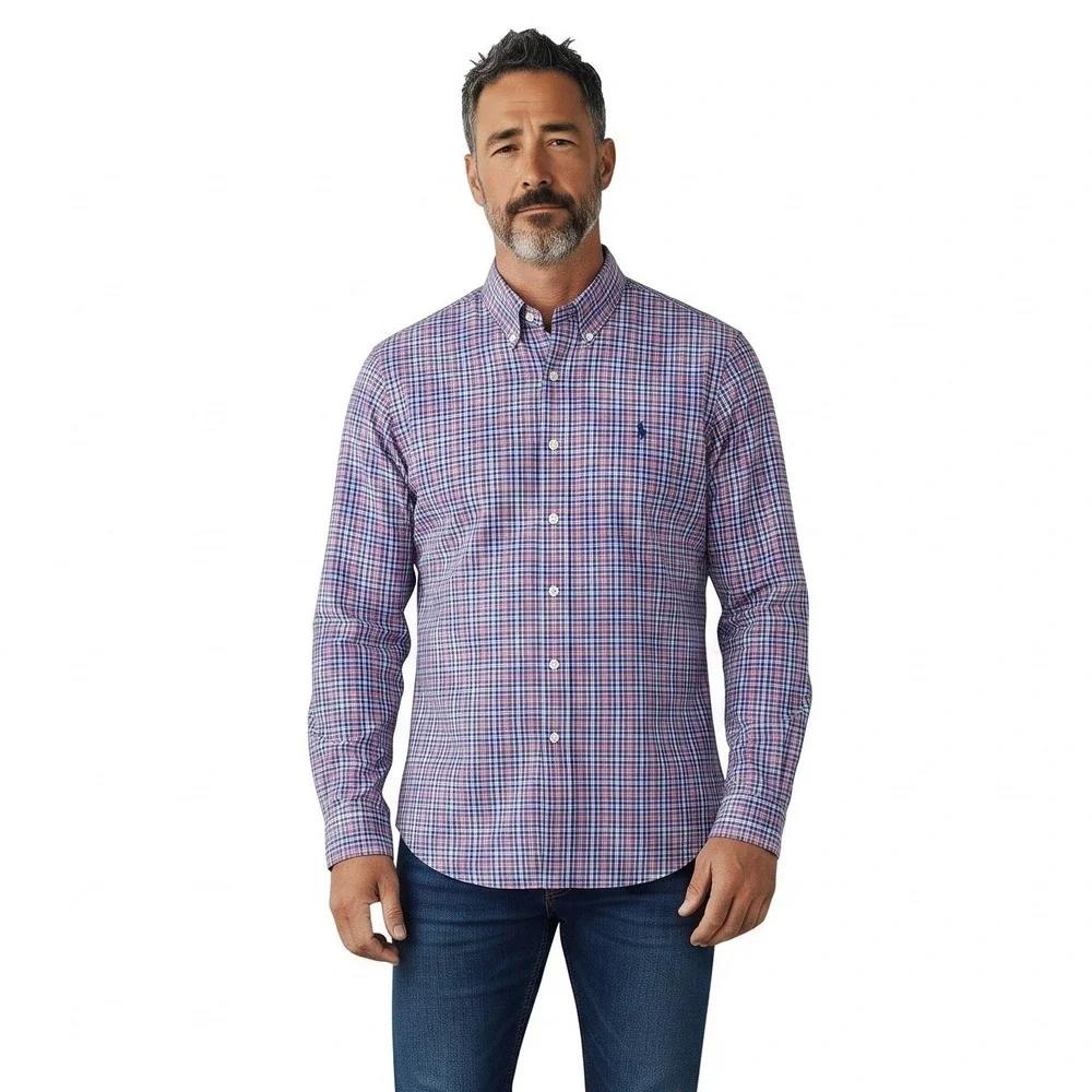 Polo Ralph Lauren Mens Large Plaid Button Down Shirt Blue Red Stretch Cotton L
